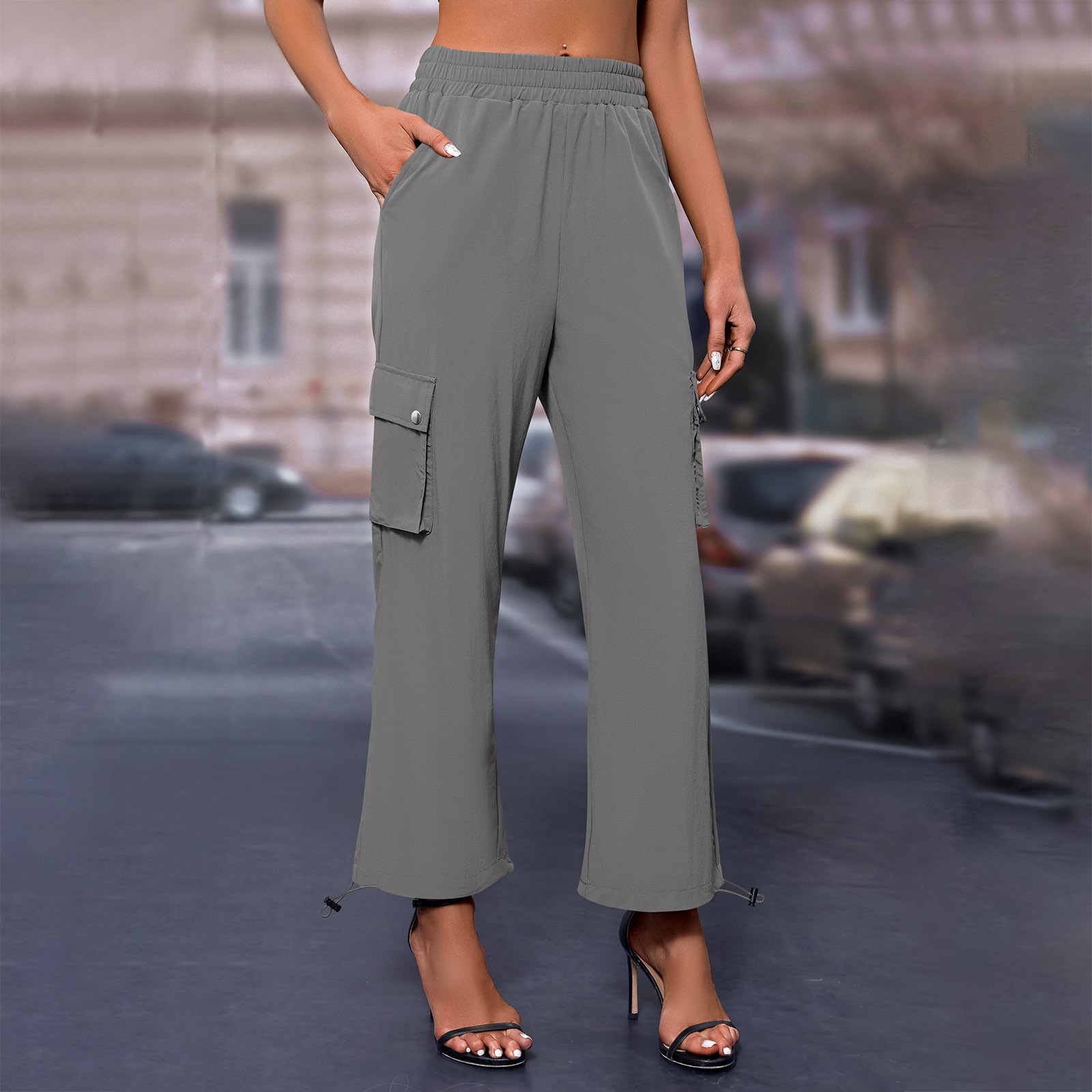 thumbnail image 4 of Pantalones jogger casuales para mujer con bolsillos laterales: cómodos y versátiles para el día a día, poliéster y spandex, diseño de pierna cónica, 4 of 8
